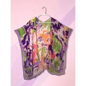 Vibrant Floral Watercolor Kimono Duster Cover Up Purple Green - OSFM